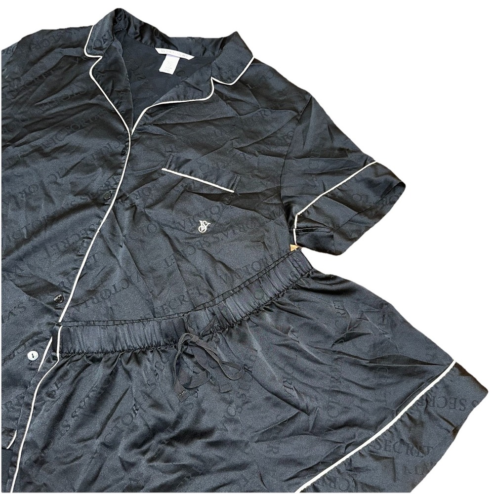 Y2K 2000s Victoria's Secret Black Satin Pajama Shorts Short Sleeve Set Women's S